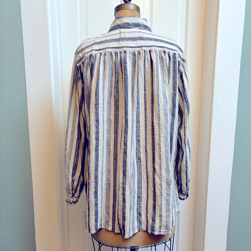 FREE PEOPLE - We The Free Blue And Cream Striped Linen-Blend Blouse Size Medium - Picture 7 of 12